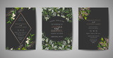 Set of Wedding Invitation, floral invite, thank you, rsvp rustic card design with gold foil decoration. Vector elegant modern template on black background