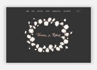 Wedding Salon Internet Shop Floral Landing Page Template. Spring Sale Banner Web Page Website with Gold Foiled Flowers. Wedding Invitation Romantic Design. Vector illustration