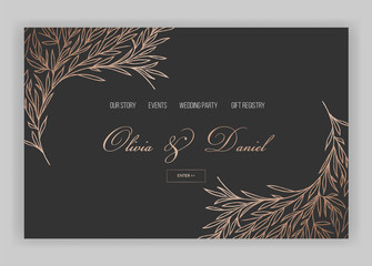 Wedding Salon Internet Shop Floral Landing Page Template. Spring Sale Banner Web Page Website with Gold Foiled Flowers. Wedding Invitation Romantic Design. Vector illustration