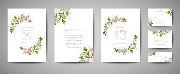 Fototapeta na wymiar Rustical Floral Vintage Wedding Save the Date, Invitation Cards Collection with Gold Foil. Vector trendy cover, graphic poster, retro brochure, design template