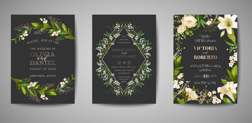 Set of Wedding Invitation, floral invite, thank you, rsvp rustic card design with gold foil decoration. Vector elegant modern template on black background