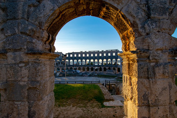 Fototapeta na wymiar Roman Amphiteater (Pulska Arena, Arena di Pola) is located in Pula, Croatia