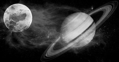 Spiral galaxy and planet in outer space.black and white image.