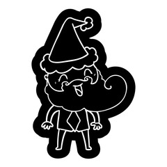 hand drawn cartoon icon of a happy bearded man wearing santa hat
