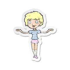 retro distressed sticker of a cartoon woman spreading arms