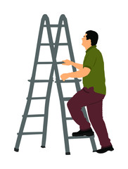 Construction worker climbing on ladders vector illustration isolated on white background. Painter painting at work. Laborer on work. Under construction. Handyman at home. Diagnostic and fix