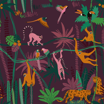 Jungle Wildlife Animals Seamless Pattern.