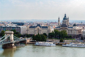 Aerial view of Szechenyi Chain Bridge, Academy of Science and St. Stephen's Basilica - Budapest, Hungary