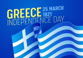 Greece Independence Day Greeting Card with Waving Flag Image on Blue Background