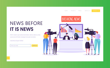 Obraz na płótnie Canvas Breaking News Program Concept Landing Page. Videographer with Camera Shoot in Television Studio. Reporter Character Read Text Sitting at Desk Website or Web Page. Flat Cartoon Vector Illustration