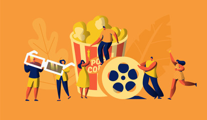 Obraz premium Cinema Movie Time with Popcorn and Drink Weekend. Young People in 3d Glasses. Woman Carry Ticket. Award Cinematography. Element of Film Industry. Flat Cartoon Vector Illustration