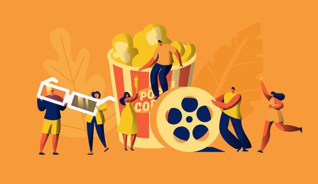 Cinema Movie Time with Popcorn and Drink Weekend. Young People in 3d Glasses. Woman Carry Ticket. Award Cinematography. Element of Film Industry. Flat Cartoon Vector Illustration