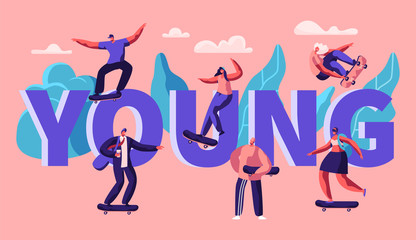 Young Hipster Character Skate Skateboard Typography Banner. Skater Man on Longboard Cool Freedom Lifestyle. Urban City Sport Advertising Horizontal Poster. Flat Cartoon Vector Illustration