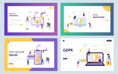 Obraz na płótnie Canvas Data Center Security Concept Landing Page. Business People Character with Laptop Smartphone Set. Online Internet Protection Website or Web Page. GDPR Flat Cartoon Vector Illustration