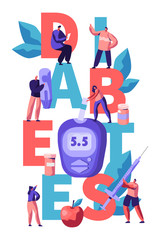 Diabetes Blood Glucose Level Test at Digital Glucometer Typography Banner. Doctor Measuring Sugar with Strip Tool at Blue Monitoring Equipment Advertising Poster Flat Cartoon Vector Illustration