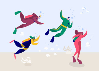 Underwater Scuba Diver Man and Woman Diving in Sea. People Deep Dive with Equipment Flippers Goggles and Oxygen Wetsuit. Summer Snorkeling with Fish. Flat Cartoon Vector Illustration