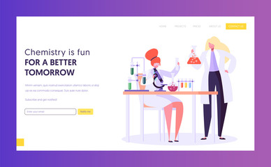 Obraz na płótnie Canvas Pharmaceutic Education and Research Concept Landing Page. Scientist Female Character in Glasses at Chemistry Lab. Biotechnology Experiment Website or Web Page. Flat Cartoon Vector Illustration