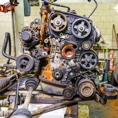 car engine repair in old service, removed engine from car