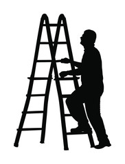 Construction worker climbing on ladders vector silhouette illustration isolated on white background. Painter painting at work. Laborer on work. Under construction. Handyman at home. Diagnostic and fix