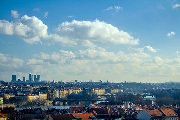 View of the Vltava River and the bridges shined with the sunset sun, Prague, the Czech Republic