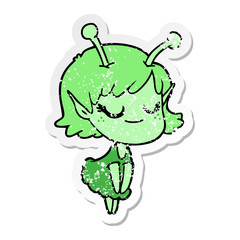 distressed sticker of a smiling alien girl cartoon