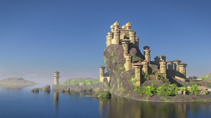 castle on a hill overlooking the ocean, 3d fantasy rendering