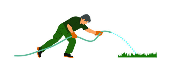 Landscaper watering grass in park vector illustration isolated on white background. Gardener man hand holding water rubber hose tube. Farmer worker outdoor activity. Public field working.