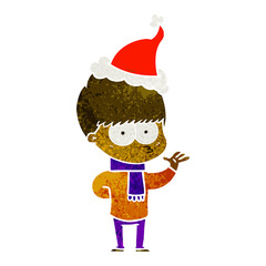 nervous retro cartoon of a boy wearing santa hat