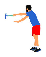 Washer worker washing windows vector illustration isolated on white background. Window cleaner working on a glass facade in a crane. Laborer on high risk work cleaning glass.