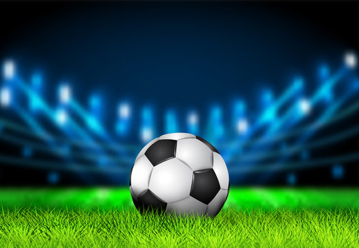 Realistic 3D Soccer ball on the grass football field with bright stadium lights. Football Arena. Vector illustration for soccer, sport game, football, championship, gameplay.Sport background concept.