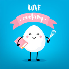 Сartoon egg with book, mixer and pink ribbon on blue background. Cute vector card.