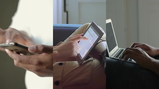Collage of male hands typing on smartphone, laptop, swiping information on tablet. Close up shots. Work, communication concept