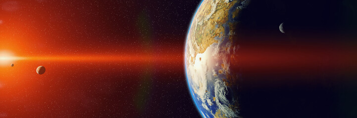 sunrise over alien planet, exoplanet with moons around a distant star (3d space illustration banner)