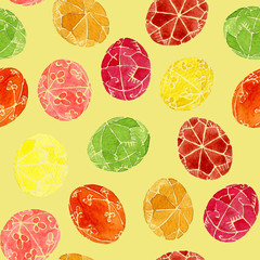 Hand drawn watercolor seamless pattern of Easter eggs, isolated on colorful background. Can be used for greeting cards, invitations, postcards, textile design, table napkins. Pysanka, krashanka.