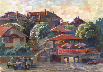 Landscape painted with water paint on paper. Etude (sketch) performed in the open air. Bulgaria, Sofia, city streets.