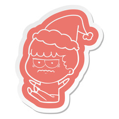 cartoon  sticker of a annoyed man wearing santa hat