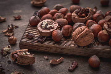 Walnuts and hazelnuts on cutting board