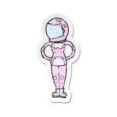 retro distressed sticker of a cartoon female astronaut