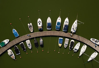 Aerial View by Drone of Yacht Club and Marina. Top view of yacht club.