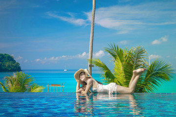 Cute girl is relaxing.Summer sea travel.Summer beach travel.