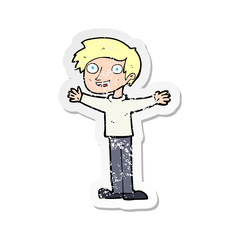 retro distressed sticker of a cartoon enthusiastic man
