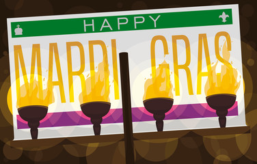 Traditional Flambeau with Lighted Torches to Celebrate Mardi Gras Parade, Vector Illustration