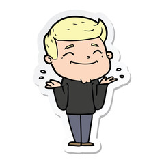 sticker of a happy cartoon man shrugging