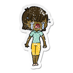 distressed sticker of a cartoon girl crying