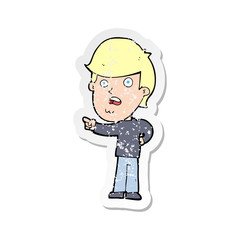 retro distressed sticker of a cartoon shocked man pointing