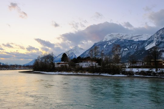 Historical city of Rattenberg in Austria. Houses and river Inn.
