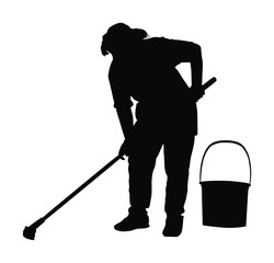 Cleaning lady wit broom. Housemaid cleaner with besom vector silhouette Isolated on white. Woman floor care service with washing mop in sterile factory or clean hospital. Housework job. House wife.