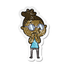 distressed sticker of a cartoon woman wearing glasses