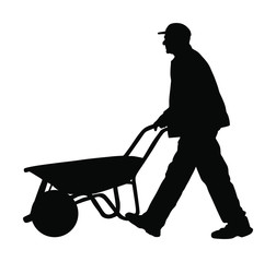 Construction worker with wheelbarrow vector silhouette illustration. Man carrying loader with goods at warehouse. Transportation carrying on cart vector. Worker with empty cart. Farmer pushing cart.