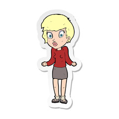 sticker of a cartoon woman shrugging shoulders